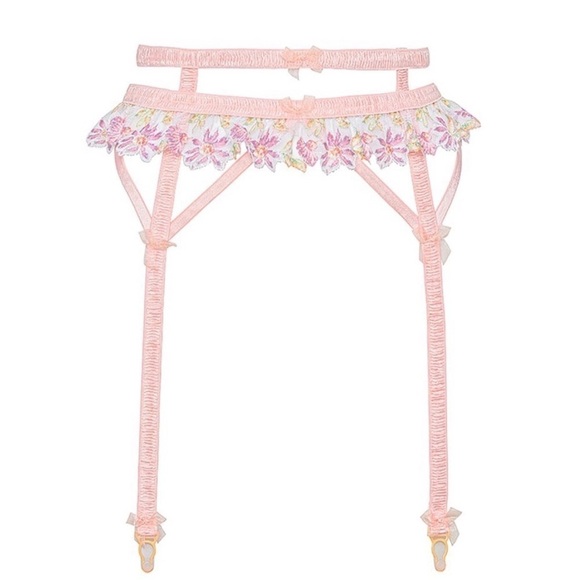 NEW FOR LOVE & LEMONS Shimmer Floral Ruffle Lace Strappy Bow Trim Garter Belt S - Picture 9 of 9
